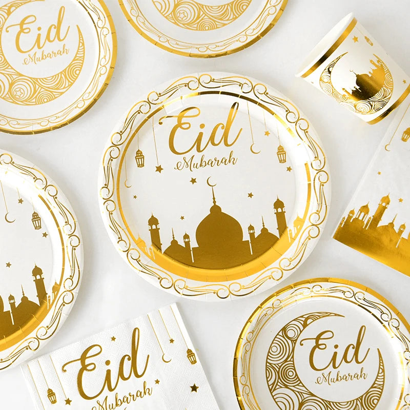 Eid Mubarak Disposable Tableware Gold