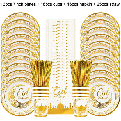 Eid Mubarak Disposable Tableware Gold