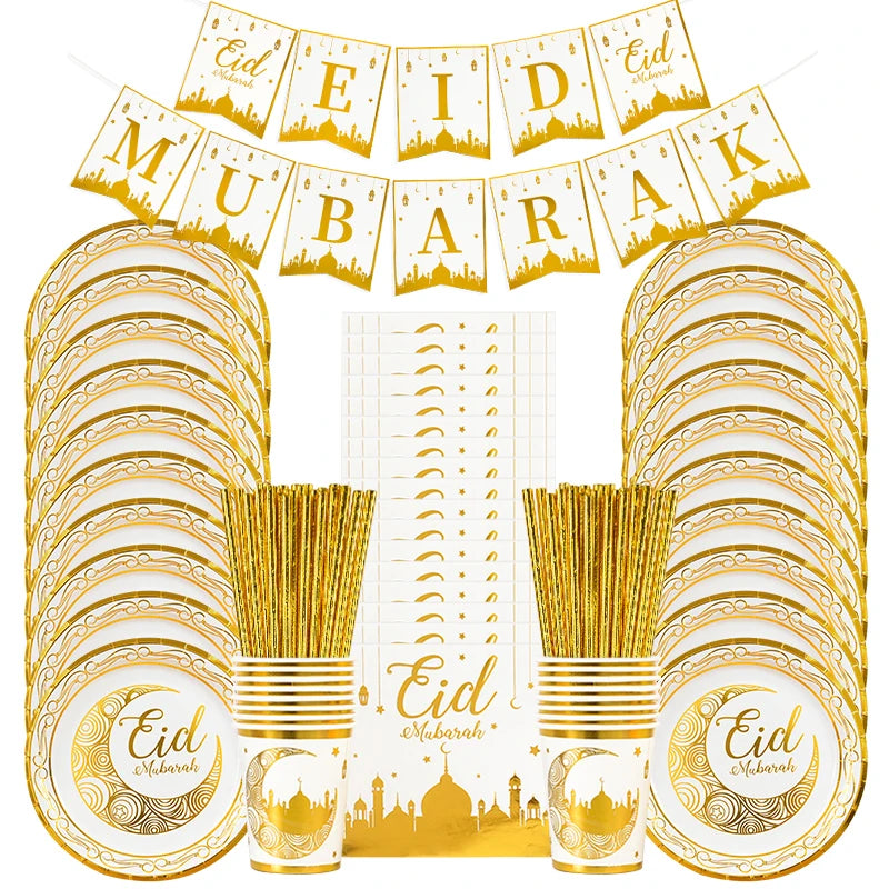 Eid Mubarak Disposable Tableware Gold