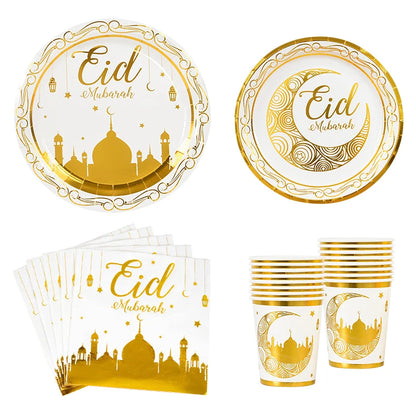 Eid Mubarak Disposable Tableware Gold