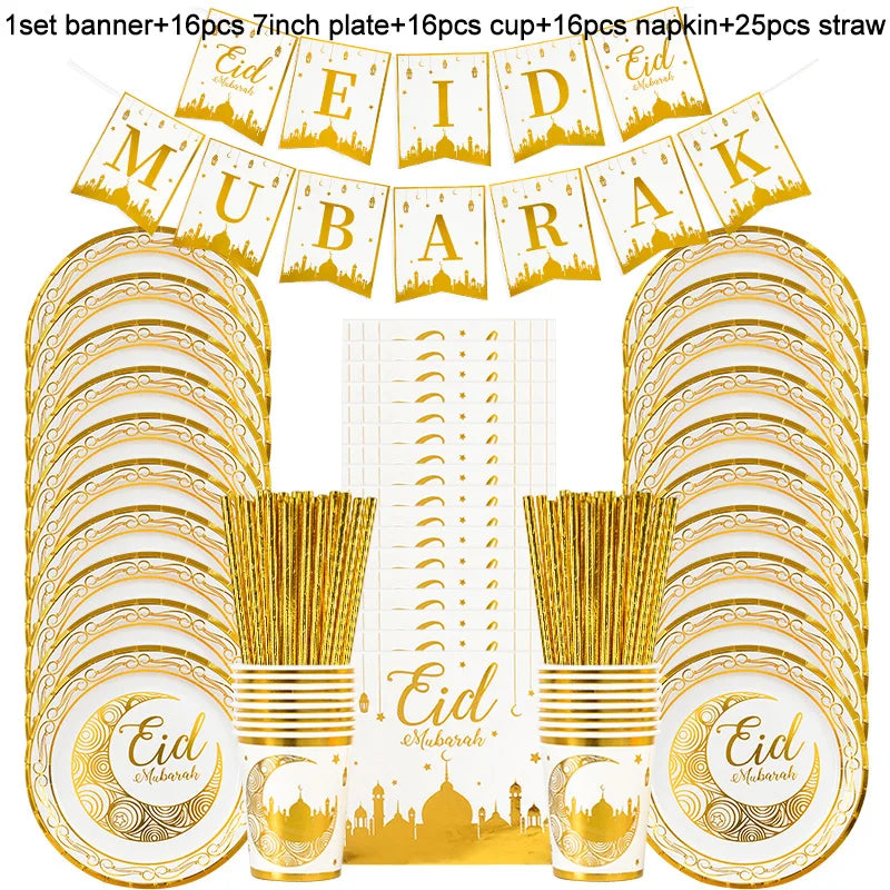 Eid Mubarak Disposable Tableware Gold